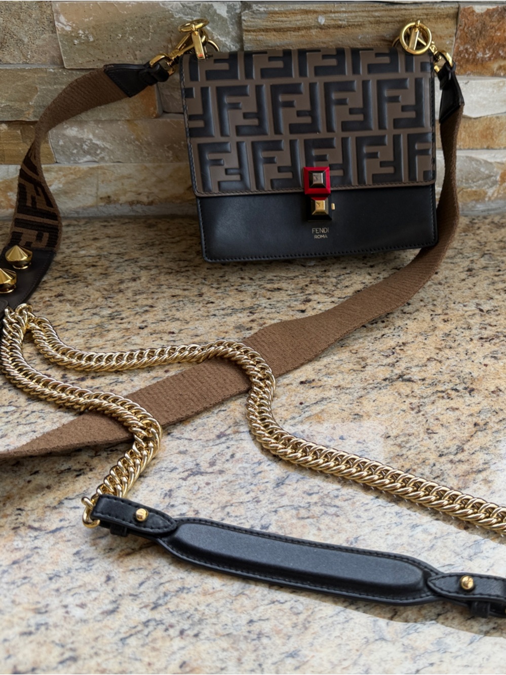 Fendi Brown and Black Monogram Crossbody with Gold Chain